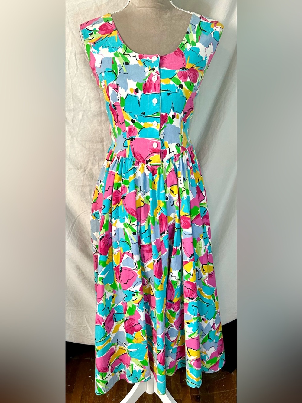 Vintage 80s Milanzo Multicolor Floral Tie Back Cotton Midi Dress, Size 7/8